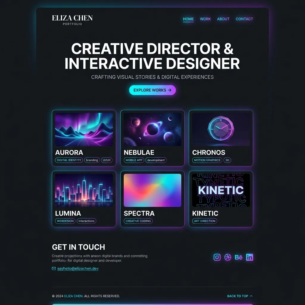 Vibrant creative dark-mode personal website design